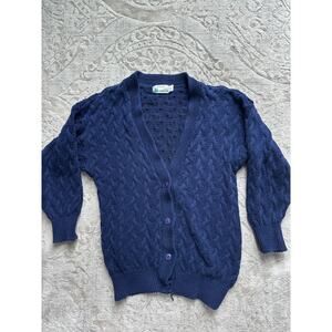 Vintage Women’s Navy Cable Knit Cardigan Sweater S/M – Chunky Cotton Button-Up